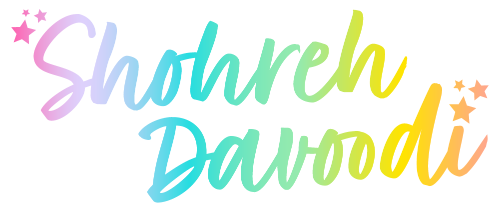 The Shohreh Davoodi logo in rainbow ombre coloring, featuring cursive lettering and stars before the "S" and after the "i."